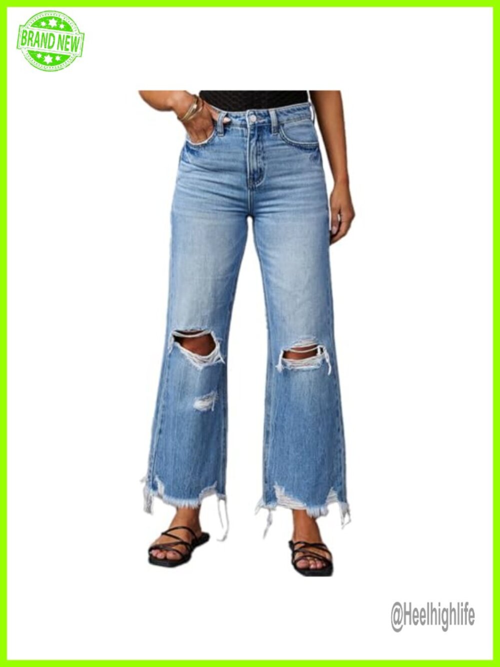 High-Rise Ripped Bell Bottom Jeans Wide Leg Distressed Raw Edge Denim Pants